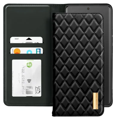 A black quilted wallet-style phone case for a Xiaomi Redmi Note 14 Pro/14 Pro Plus, shown open with cards inside.
