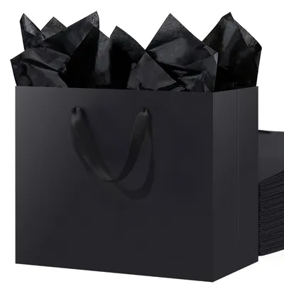 Obrázok produktu pre Sada 10 veľkých čiernych darčekových vrecúšok s papierom na výplň, rozmer 40x15x30 cm