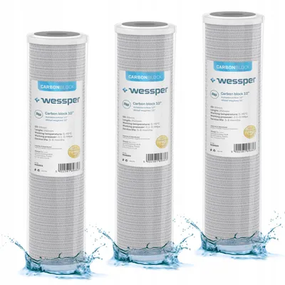 Produktbild von 3x Wessper 10" Aktivkohle Filter für Umkehrosmose, Kokos Filterkartusche, Wasserspeiseleitung & Partikelfiltration – 5 Micron