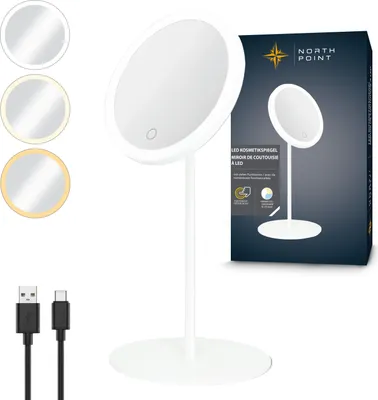 Produktbild von LED Akku Kosmetikspiegel 5-fach 3 Lichtfarben stufenlos dimmbar Touch Metallgehäuse weiß