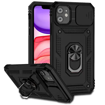 Obrázek produktu pro Pouzdro pro iPhone 11 dvouvrstvé pouzdro s posuvným krytem kamery a prstencovým stojánkem černé