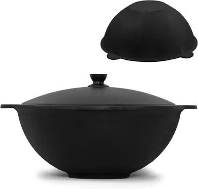 Produktbild von Gusseiserner Kochtopf, 16 Liter, mit Aluminiumdeckel – Flacher Boden und asiatischer Wok für den Außenbereich