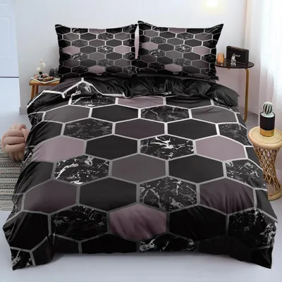 Immagine prodotto di Set di lenzuola 155x220 cm + 2 federe 80x80 cm, colore nero e grigio, motivo geometrico, in microfibra, con cerniera