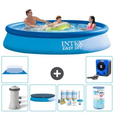 Produktbild von Intex runder aufblasbarer Easy Set-Schwimmpool – 366 x 76 cm – Blau – inklusive Pumpe Abdeckung - Wartungspaket - Filter - Bodenplane - Wärmepumpe