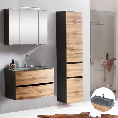 Produktbild von Waschplatz Badezimmer Set mit Glasbecken grau LAURIA-03 in Graphitgrau mit Wotaneiche Nb., BxHxT: ca. 140x200x49 cm