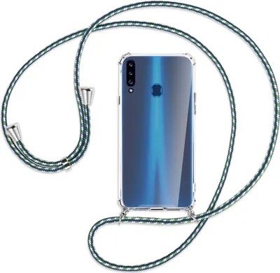 Produktbild von Handykette Backcover-Schutzhülle mit Band (Metall silberfarben) für Samsung Galaxy A20s - grün/blau/weiß