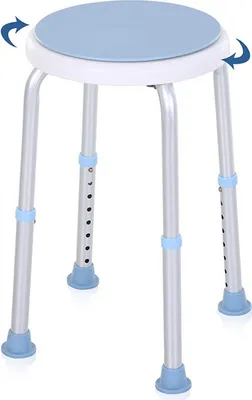 A close-up studio shot of a height-adjustable shower stool with a rotating seat.