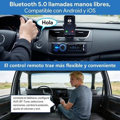 Obrázek produktu pro Autorádio s Bluetooth 5.0, handsfree funkce, autorádio s displejem, 1 DIN, přehrávač MP3, FM rádio, 2 USB/AUX vstupy, dálkové ovládání, kompatibilní s Android a iOS
