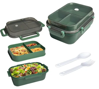 Productafbeelding van Brooddoos met vakken, 2-laags, lekvrije lunchbox met bestek voor werk, school, picknick