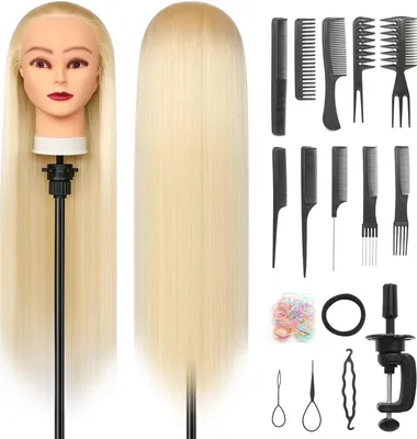 Produktbild von Trainingsköpfe, 26 inch Übungskopf Frisierkopf Friseur Synthetikfaser-Haar Styling Kopf Frisierkopf für Frisöre mit Klemme und DIY Flechtset(Blond), Friseur Ausbildung & Styling