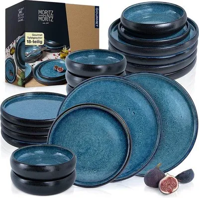 Produktbild von Unyqoos® Moritz & Moritz 18‑tlg. Steinzeug-Geschirrset, hochrandig – 6×Essteller Ø26cm, 6×Dessertteller Ø21cm, 6×Suppenteller Ø19cm, blaue Innenseite, matt schwarz, mikrowellen- & spülmaschinenfest