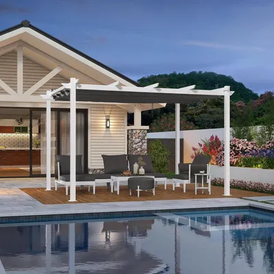 Produktbild von PURPLE LEAF Garten Pergola 3x4 m Aluminium Terrassenüberdachung, Weißer Rahmen mit grauem Schiebedach, stabiler Pavillon mit Markisenschutz