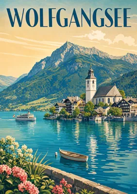 Produktbild von Wolfgangsee Poster DIN A2 – 42x59,4 cm - moderne Illustration mit See, Bergen und Reiseplakat-Stil, matt