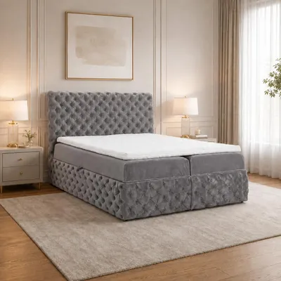 Obrázek produktu pro Postel s pružinovou základnou, čalouněná, dvoulůžko, rozměry 180x200 cm, s úložným prostorem | Včetně vrchní matrace | Moderní design, vhodné do ložnice i do pokoje pro mládež, barva: šedá, Obrázek vytvořený pomocí AI