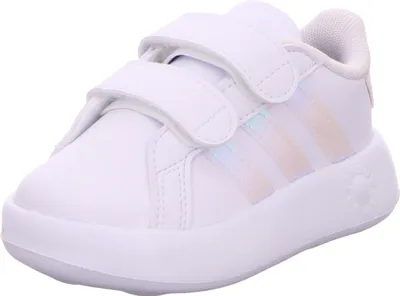 A single white Adidas sneaker with iridescent stripes, shown from a side-diagonal angle.