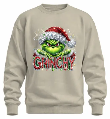 Imagen del producto de Suéter navideño con motivos del Grinch, con lentejuelas y pedrería, diseño navideño poco convencional, color natural, talla XL