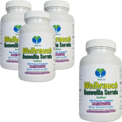Produktbild von Weihrauch Indischer Boswellia Serrata 720 (4x180) Pulver Kapseln NATUR Pur NICHT hochdosiert KEIN Extrakt OHNE Zusatzstoffe OHNE Füllstoffe.