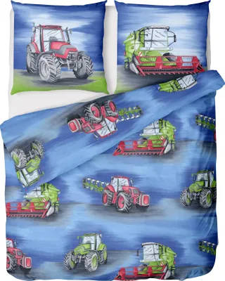 A collection of farm vehicles, including tractors and combine harvesters, illustrated on a blue background.