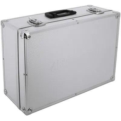 A silver briefcase with a textured surface and metal corner protectors.