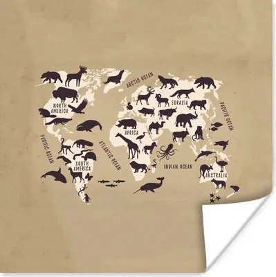 Produktbild von MuchoWow® Poster Weltkarte Kinder - Tiere - Braun 75x75 cm - Wand Dekoration