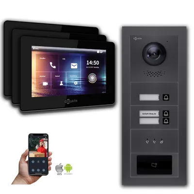 Produktbild von Goliath IP Video Türsprechanlage: 7-Zoll 3 Familienhaus, RFID, Anzeige, Anthrazit : 7 Zoll Schwarz : 4er POE : Unterputzdose Anschluss: 4er POE Monitor Farbe: 7 Zoll Schwarz Montage: Unterputzdose