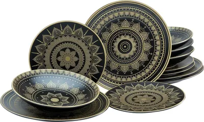 Image de Set de vaisselle Mandala Gold élégant de 12 pièces - passe au lave-vaisselle et au micro-ondes