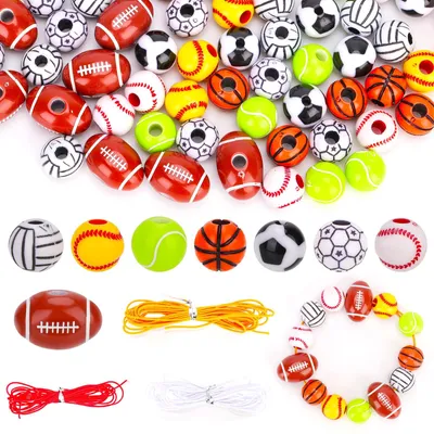 80 Sportball-Perlen aus Acryl, 8 Motive, mit elastischen Bändern