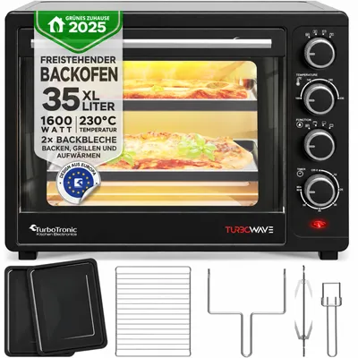 Image de TurboTronic mini-four électrique – EV35 – 35 l, 1600 W, chaleur tournante, tournebroche, noir, 2 plaques, four de table compact pour pizza et camping