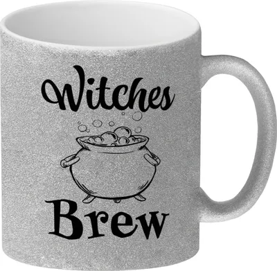 Produktbild von Glitzer-Kaffeebecher für Halloween mit Kessel-Motiv und Spruch - Witches Brew