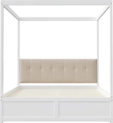 Produktbild von Sweiko Himmelbett140x200 cm mit großen Schubladen und weicher Rückenlehne, Holz bett weiß