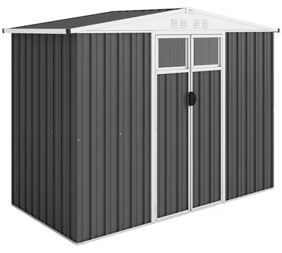 Image de Armoire de jardin en acier galvanisé pour le rangement d'outils, avec 2 portes, dimensions 246 x 117 x 180 cm, résistante aux intempéries et robuste, idéale pour les grands équipements et outils de jardin, adaptée pour une terrasse ou une cour, de couleur gris foncé