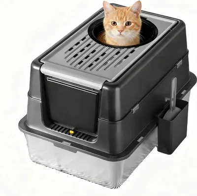 Produktbild von Katzentoilette aus Edelstahl - XXL - Vollständig geschlossen - Hoher Rand - Klappdeckel - Mit Schaufel - Blau