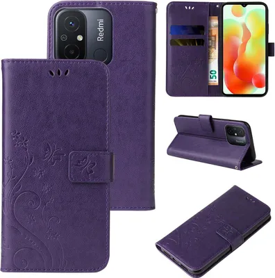 A collage of images showing a purple floral and butterfly embossed flip phone case for a Xiaomi Redmi 12C.