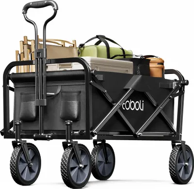 Image de Toboli Chariot de transport Enfant Noir Pliable 100 kg avec Roulettes 1020x505x1010 mm Poignée Télescopique Transport Outils Tout-terrain Plage Jardin Excursion Poussette Nature