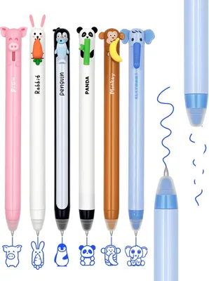 Immagine prodotto di Set di 6 penne a sfera cancellabili, punta 0,7 mm, colore blu, con motivi animali, adatte per la scuola e l'ufficio