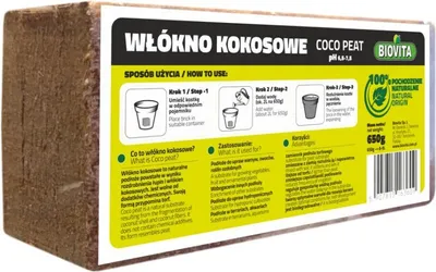 A brick of coco peat with product information and instructions printed on its packaging.