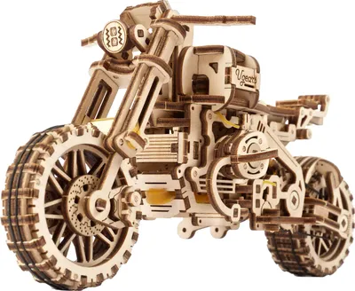 A 3D wooden model of a motorcycle.