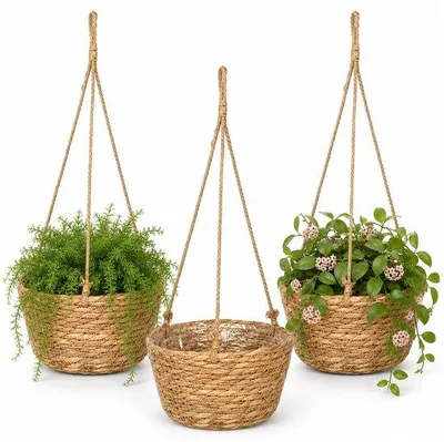 Produktbild von Famanu Set von 3 hängenden Blumentöpfen 20 cm – für Innen und Außen, aus Seegras und natürlichem Baumwoll, handgewebt