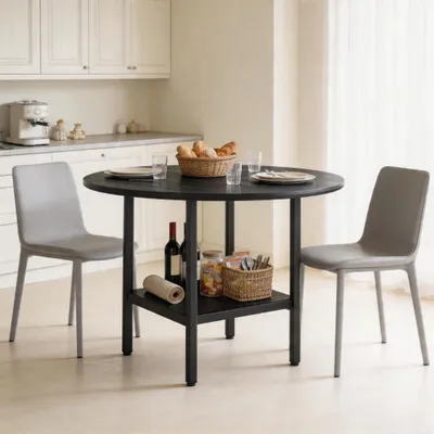 Produktbild von Runder Esstisch mit Stauraumregal 100 cm schwarz Holzmaserung Metallrahmen 4-6 Personen