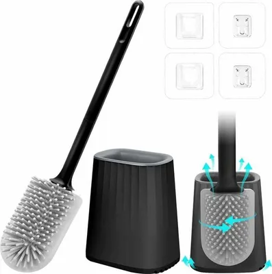 Produktbild von Toilettenbürste, Silikon-Toilettenbürste, hängende Toilettenbürste mit schnell trocknendem Halter, Silikon-Toilettenbürste und Halter, an der Wand montierte Boden-Toilettenbürste für Bad-Toilette, Schwarz