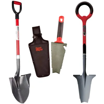 Produktbild von Root Slayer Set Wurzelspaten + Blumenkelle + Gartenschaufel, ergonomisch & robust, Spaten & Schaufel mit Schneidspitze & Wurzelsäge, rot