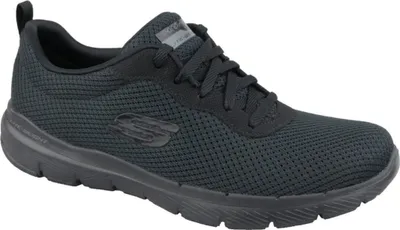A black Skechers Flex Appeal 3.0 shoe is shown from the side against a white background.