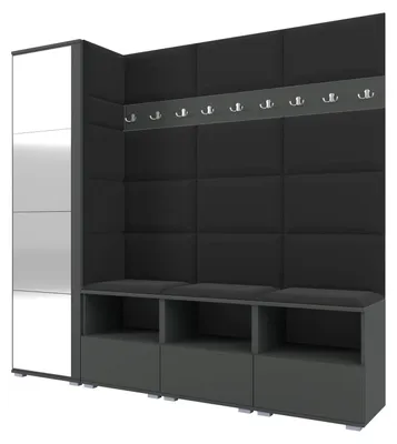 Produktbild von Garderobe NELA IX 200 cm Modulare Flurmöbel Graphit mit Spiegel & Sitzpolster Schwarz 16 (Breite Sitzbank)