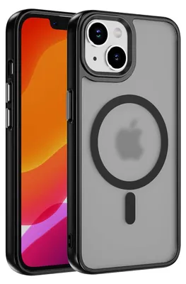 A black iPhone case with a frosted back and a magnetic ring is shown next to an iPhone.
