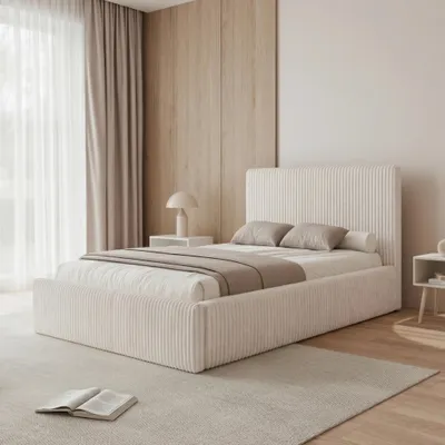Produktbild von Polsterbett BONZO 140x200 Cremeweiß Grobcord mit Bettkasten & Lattenrost Cordstoff