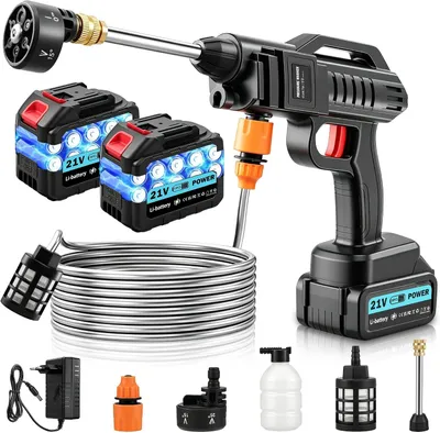 Immagine prodotto di Idropulitrice a batteria, 100 bar, 270 l/h, 2 batterie da 3000 mAh, tubo flessibile da 5 metri, gittata di 10 metri, ugello 6-in-1, erogatore di schiuma, portatile, colore nero e arancione