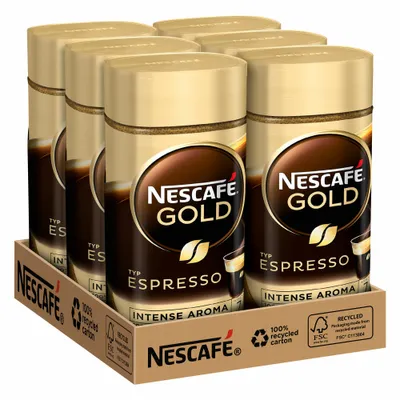Produktbild von Nescafé Gold Typ Espresso 6er Set, löslicher Bohnenkaffee, Kaffee, gemahlener Röstkaffee, Glas, 6 x 100 g
