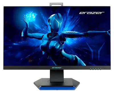 A gaming monitor displaying a futuristic robot with blue energy effects.
