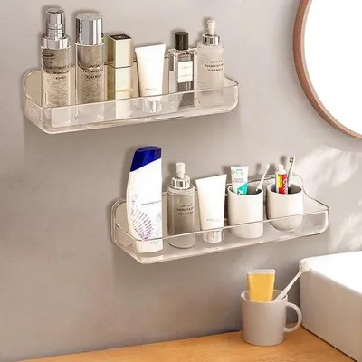Productafbeelding van Unyqoos® Zelfklevende doucheplank, set van 2, transparant (PET), 31x9x8 cm – boorgatvrije wandmontage, afwateringsgaten, draagvermogen tot 16 kg