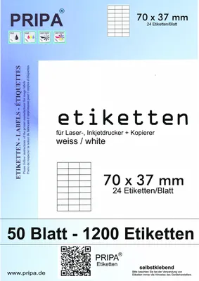 Produktbild von pripa 1200 Etiketten auf DIN A4 70 x 37 mm selbstklebend weiß - Allround Qualität 50 Blatt